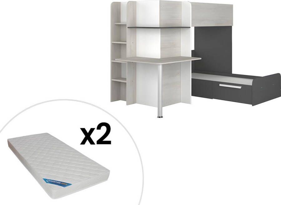 Vente-unique Hoekstapelbed 2 x 90 x 190 cm Met bureau Grijs wit en zwart + Matras SAMUEL L 241 cm x H 160.1 cm x D 194 cm - Foto 3