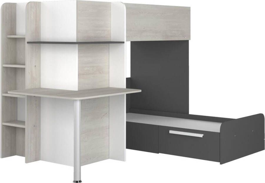 Hoekstapelbed 2 x 90 x 190 cm Met bureau Grijs wit en zwart SAMUEL L 241 cm x H 160.1 cm x D 194 cm - Foto 2