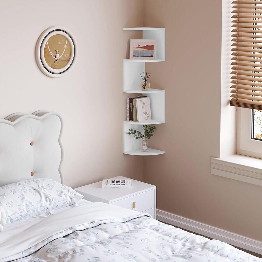 Hoekwandrek met 5 Niveaus Wandplank voor Slaapkamer Woonkamer en Keuken Wit Houten Rek