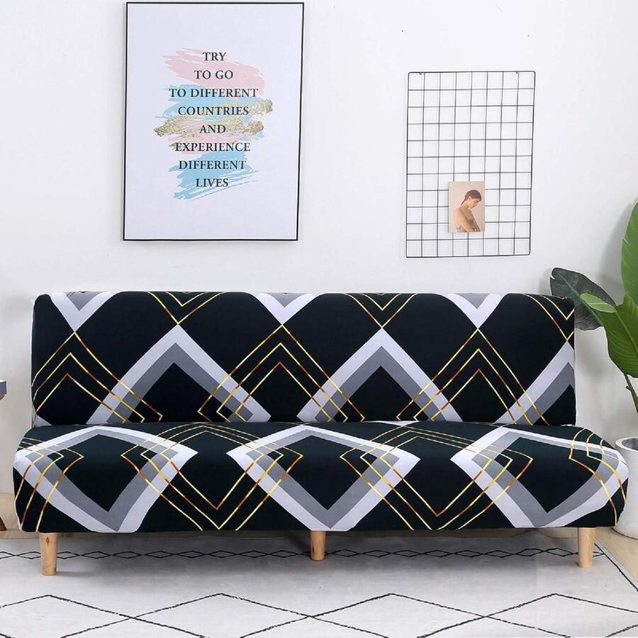 Hoes voor armloze slaapbank rekbare elastaan futonhoes print antislip hoes bescherming inklapbare 2- of 3-zitsbank slaapbank zonder armleuningen 180-210 cm lingge patroon