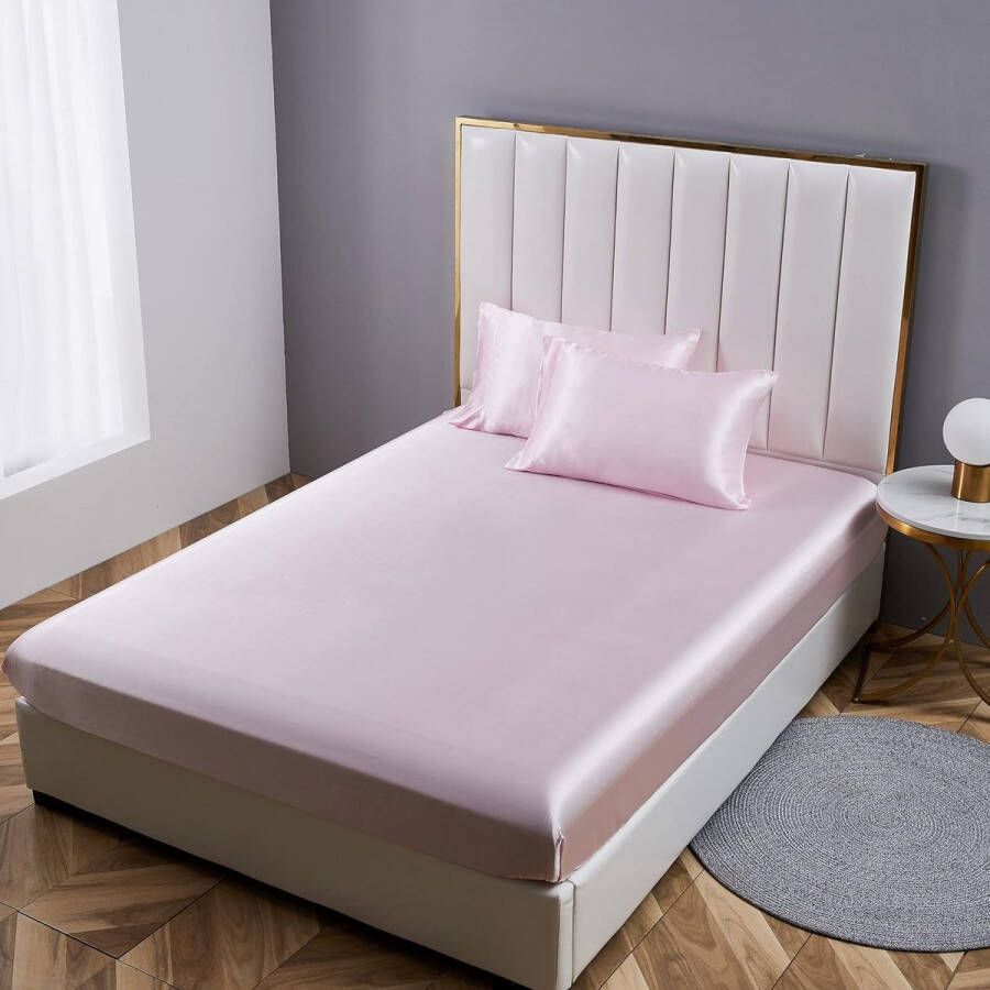 Hoeslaken 100 x 200 cm roze satijn zijde glanzend bedlaken hoogwaardig Deluxe effen hoeslaken geschikt voor matrassen tot 30 cm