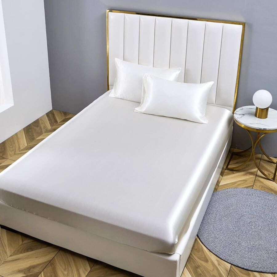 Hoeslaken 140x200cm wit satijn zijde glanzend bedlaken hoogwaardig Deluxe effen hoeslaken geschikt voor matrassen tot 30cm