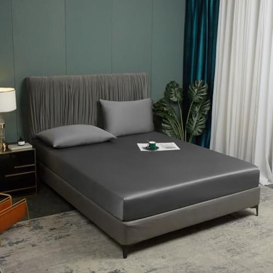 Hoeslaken 160 x 200 cm Donkergrijs 100% Bamboe Zacht en Ademend Geschikt voor Hoge Matrassen