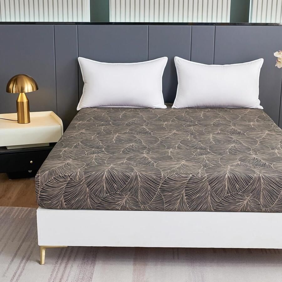 Furnibella Hoeslaken 180x200 cm met Tropisch Bladerpatroon Zacht Polyester en Microvezel Geschikt voor Matrassen tot 30 cm Hoog in Bruin