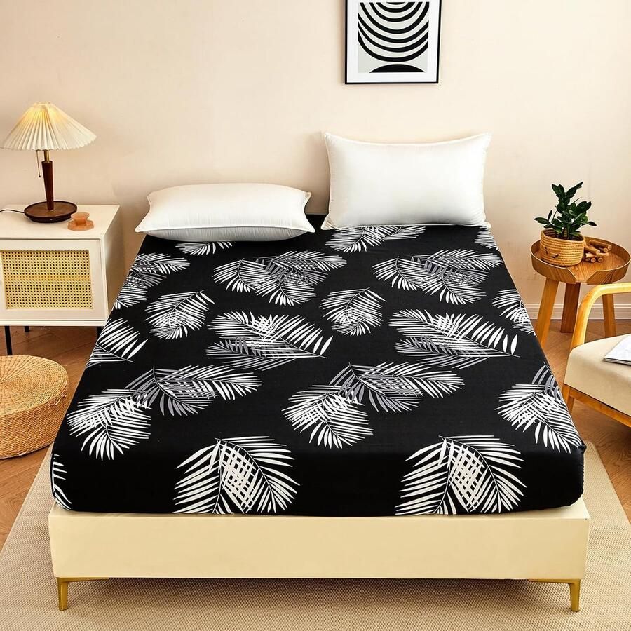 Furnibella -Hoeslaken 180x200 cm met Tropisch Palmbladerpatroon Zachte Polyester Microvezel Geschikt voor Matrassen tot 30 cm Hoog in Zwart