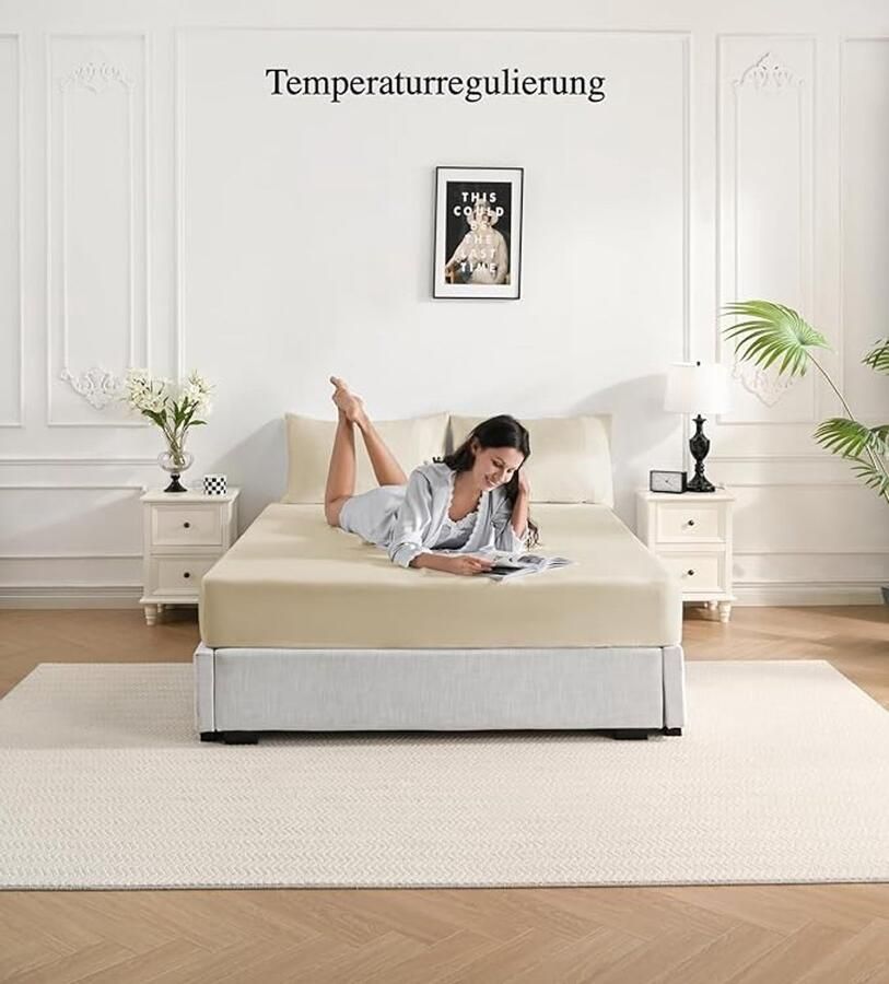 Hoeslaken 200 x 200 cm beige 35 cm diep hoeslaken voor hoge matrassen bamboezijde verkoelende topper voor zomer en winter behaaglijk zacht als Egyptisch katoen