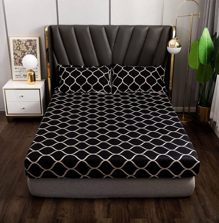 Hoeslaken 200 x 200 cm zwart geometrisch rasterpatroon hoeslaken zachte microvezel boxspring lakens geschikt voor matrassen van 30 cm