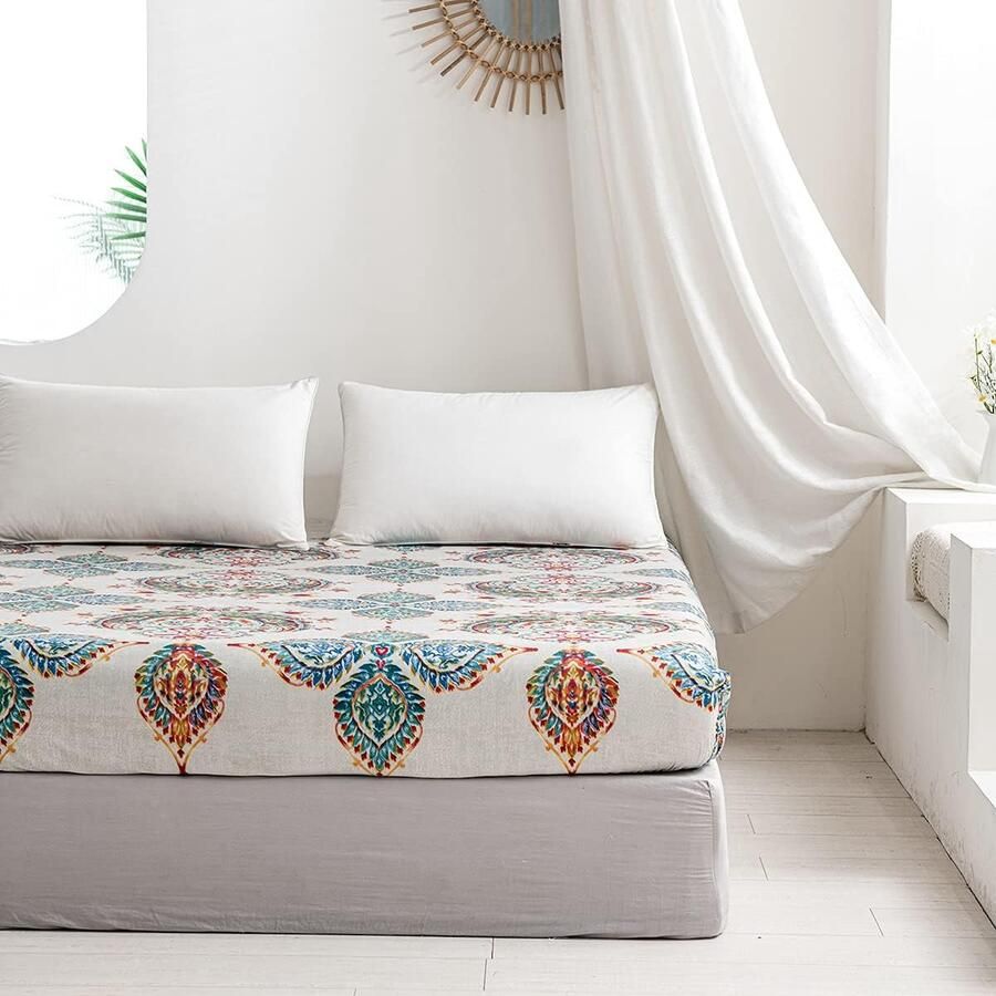 Hoeslaken 90 x 200 cm Bohemian Indiase mandala hoeslaken zachte microvezel boxspring geschikt voor matrassen van 30 cm