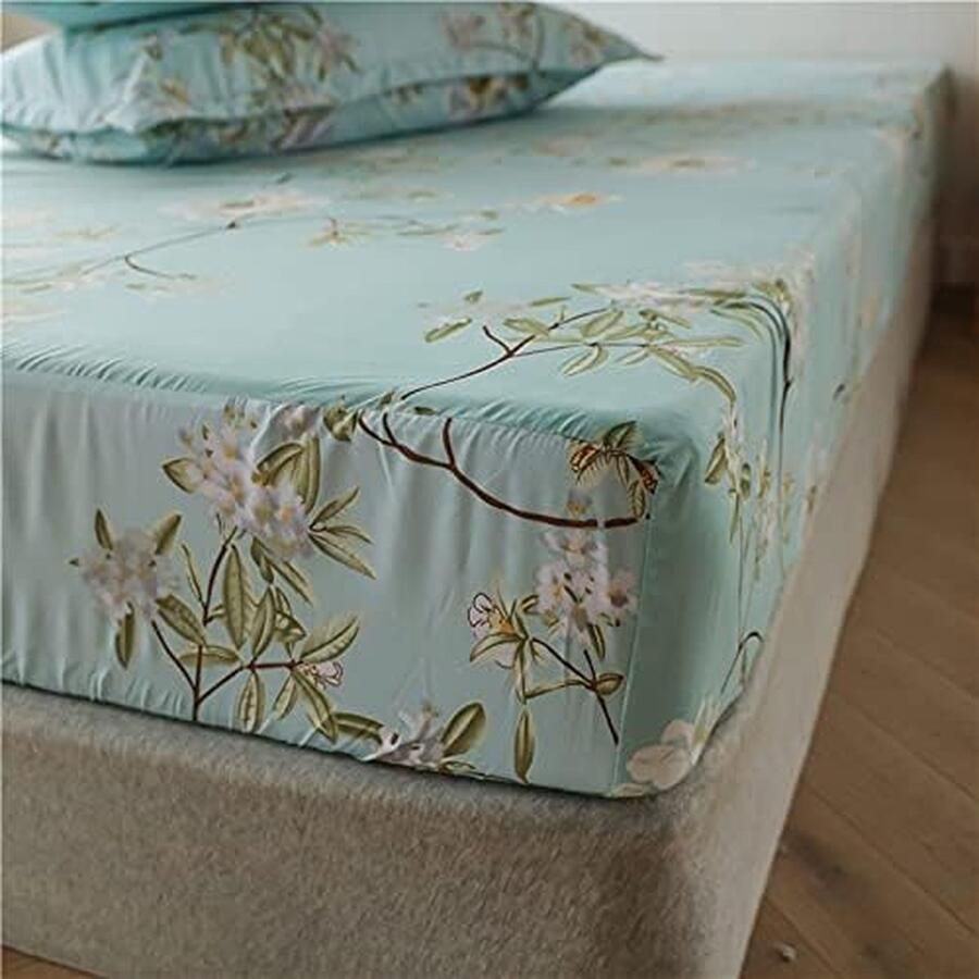 Hoeslaken 90 x 200 cm Groen Wit Bloemen Hoeslaken Microvezel Bedlaken voor matrassen tot 25 cm