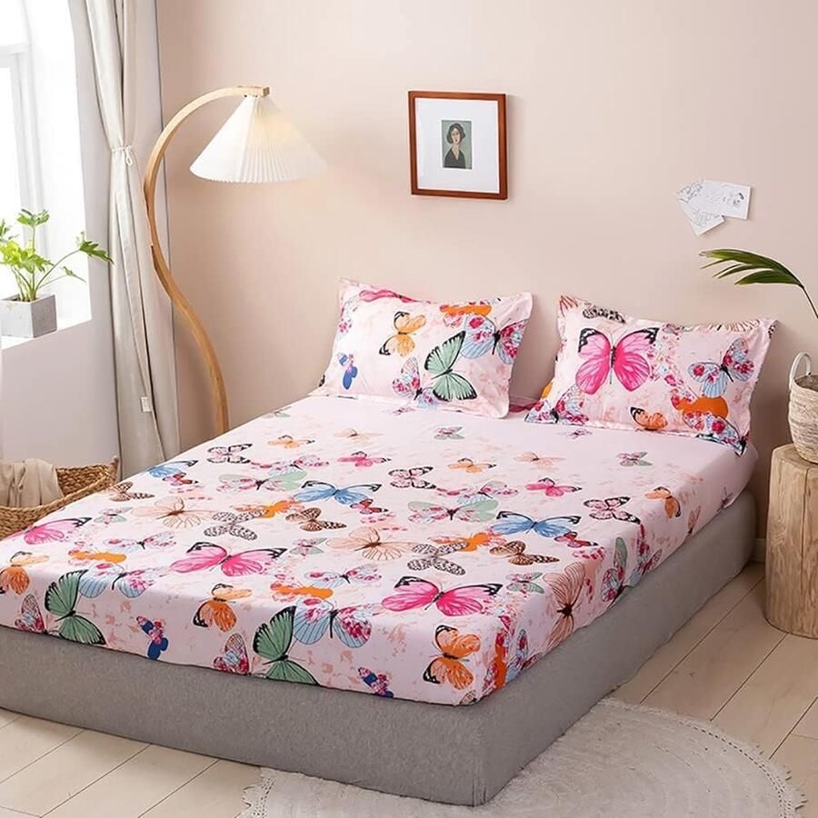 Hoeslaken 90 x 200 cm kinderen meisjes roze vlinder matrasbeschermer hoeslaken van microvezel bedlaken hoeslaken voor boxspringbed matras tot 30 cm hoogte