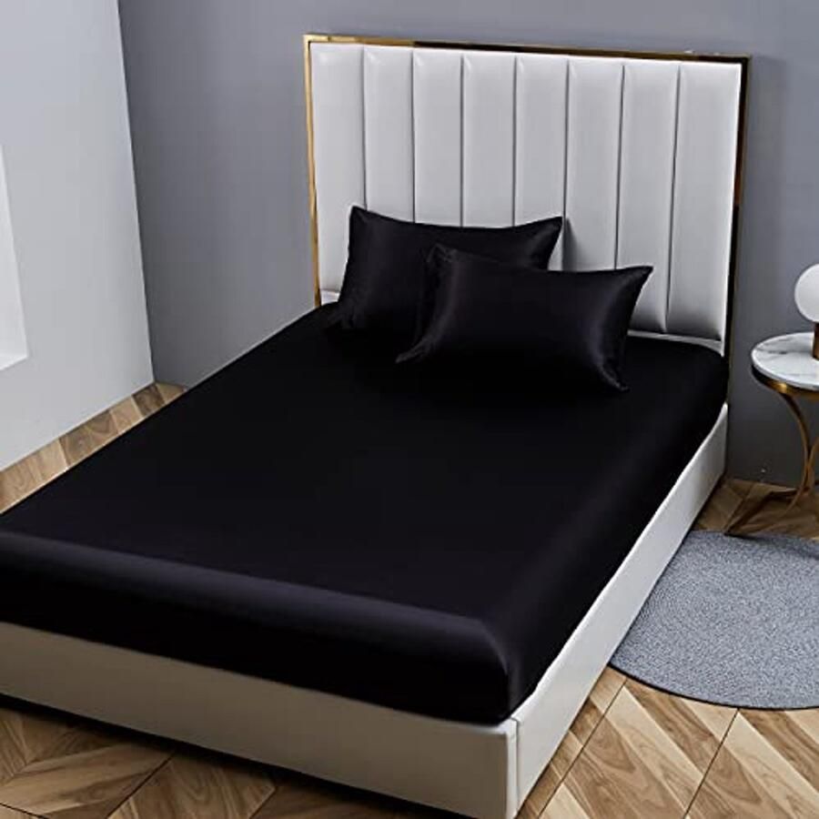 Hoeslaken 90 x 200 cm Zwart met Zijdeglans Luxe Effen Geschikt voor Matrassen tot 30 cm