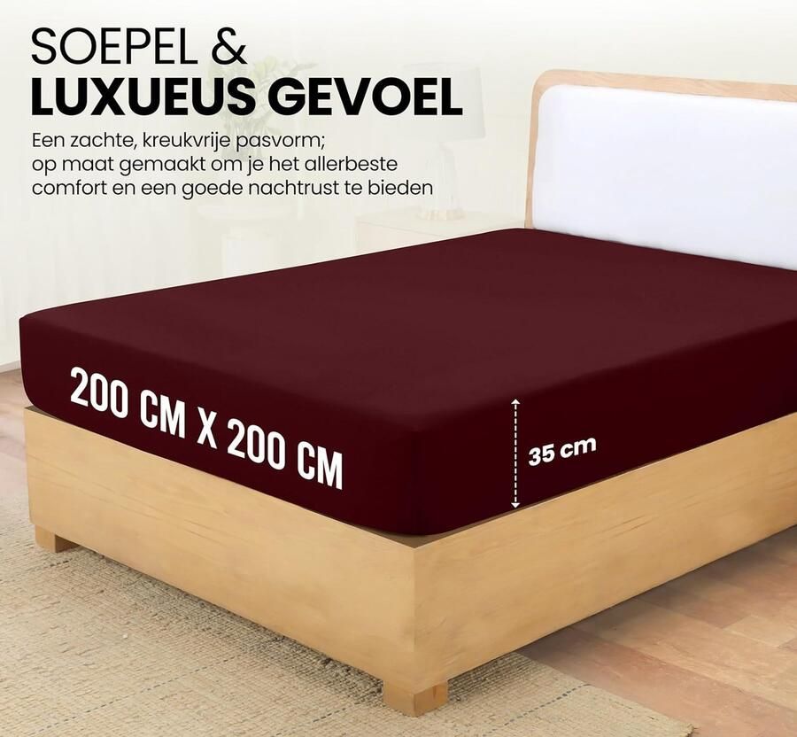 Hoeslaken met hoeken voor tweepersoonsbed geborstelde microvezel elastische hoeken 200 x 200 cm bordeauxrood