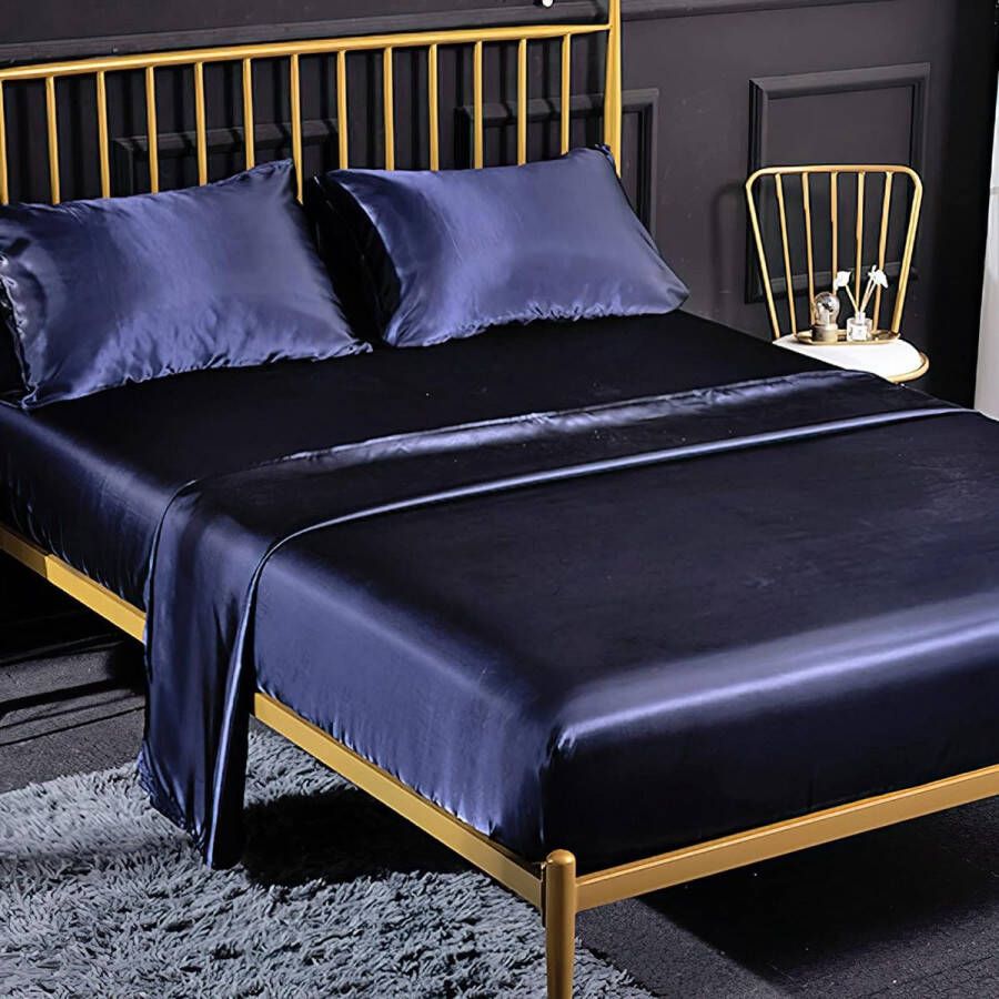 Hoeslaken van effen satijn glanzend bedlaken 180 x 200 cm voor matrassen tot 35 cm. Hoeslaken set van 4 stuks met bedlaken hoeslaken en 2 kussenslopen Marineblauw