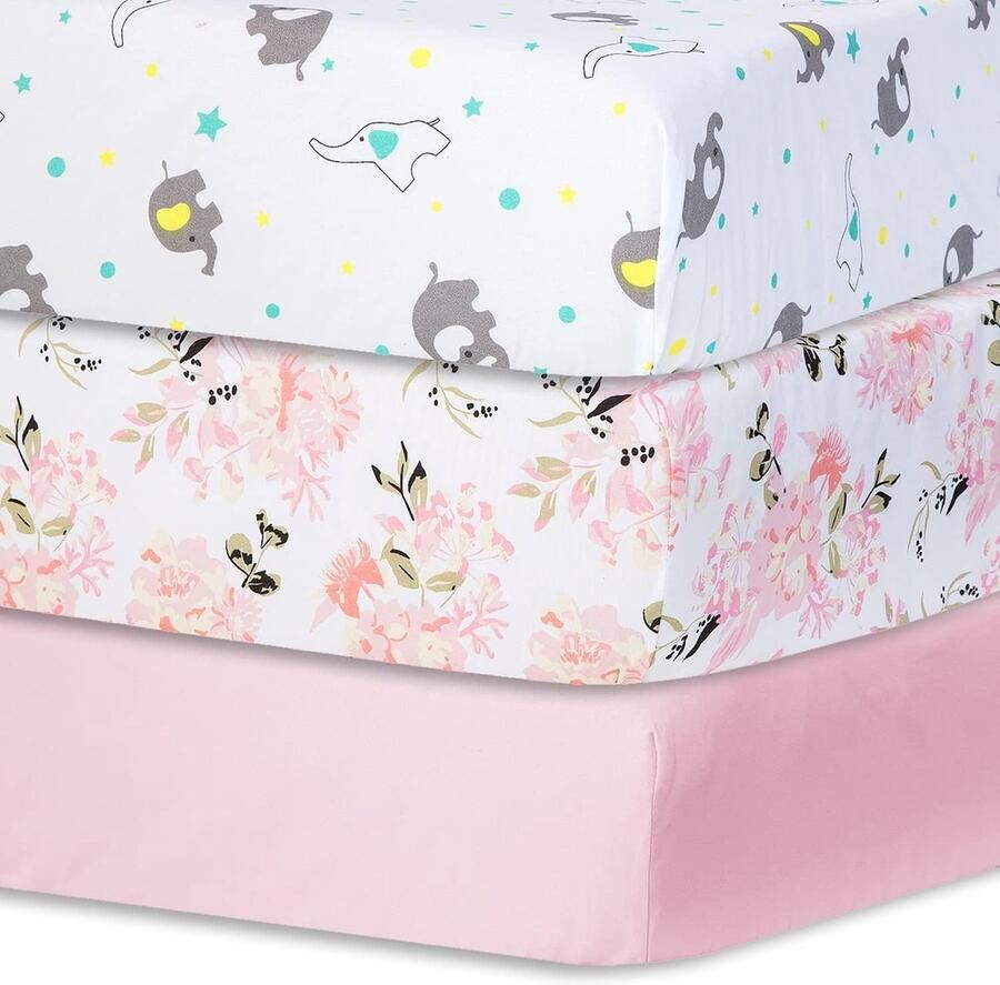 Hoeslaken voor babybedden kinderbed 60 x 120 cm 100% microvezel Oeko-Tex-standaard 100-gecertificeerd verpakking van 3 stuks roze olifant bloemen
