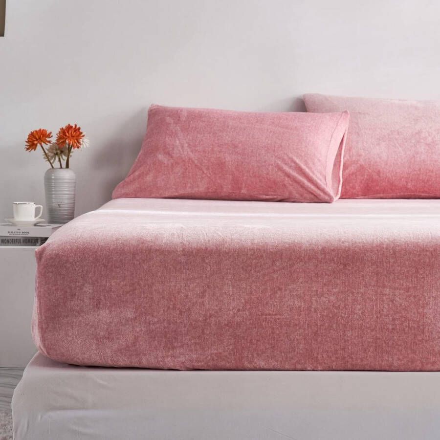 Hoeslaken Winterhoeslaken 140 x 200 cm roze pluizig warm fluweel teddy pluche geschikt voor matrassen van 30 cm