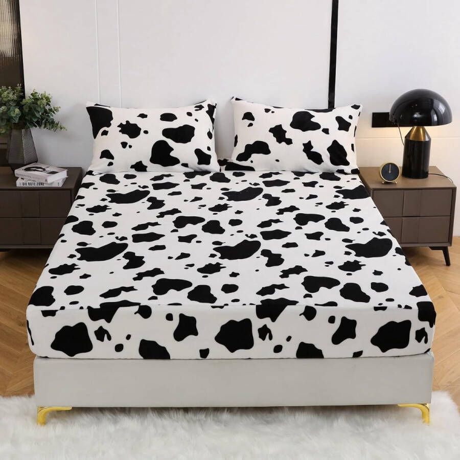 Hoeslaken Winterhoeslaken 140 x 200 cm zwart-wit koeienpatroon wollig warm fluweel kasjmier touch pluche hoeslaken geschikt voor matrassen van 30 cm