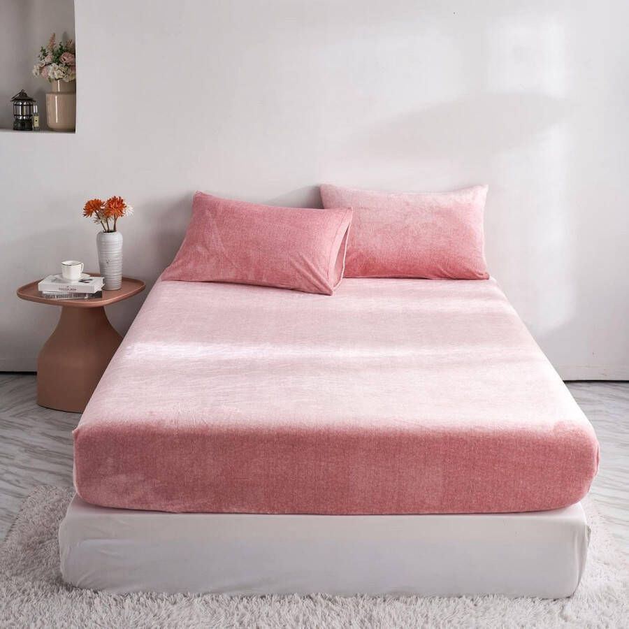 Hoeslaken Winterhoeslaken 160 x 200 cm roze pluizig warm fluweel teddy pluche geschikt voor matrassen van 30 cm