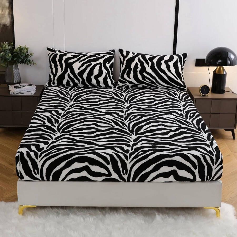 Hoeslaken Winterhoeslaken 160 x 200 cm zwart-wit luipaardpatroon wollig warm fluweel kasjmier touch pluche hoeslaken geschikt voor matrassen van 30 cm