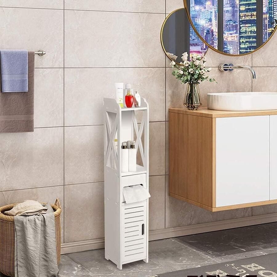 Hoge Badkamerkast met Open Vak en Laden Organiser voor Shampoo 80 x 15 5 x 15 5 cm