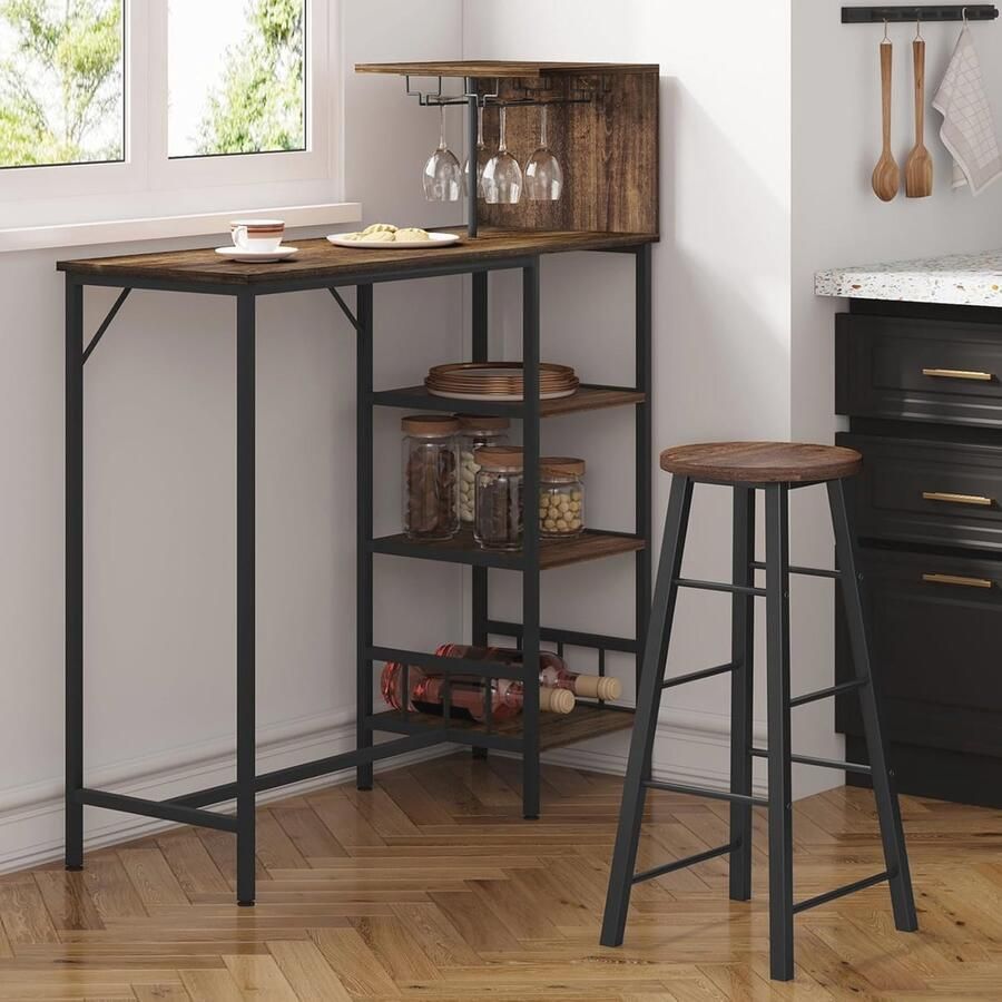 Hoge Bartafel met Wijnrek en Glashouder Vintage Bruin-Zwart Statafel met Legplanken voor Keuken en Eetruimte