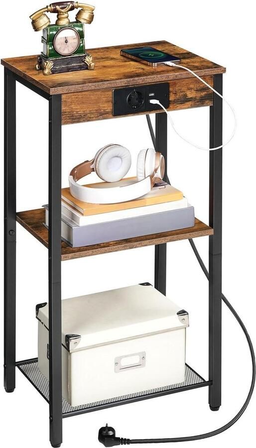 Hoge bijzettafel met laadstation 3-traps telefoontafel kleine entreetafel hoog nachtkastje woonkamer slaapkamer vintage bruin nachtkastje zwart 60 cm hoog