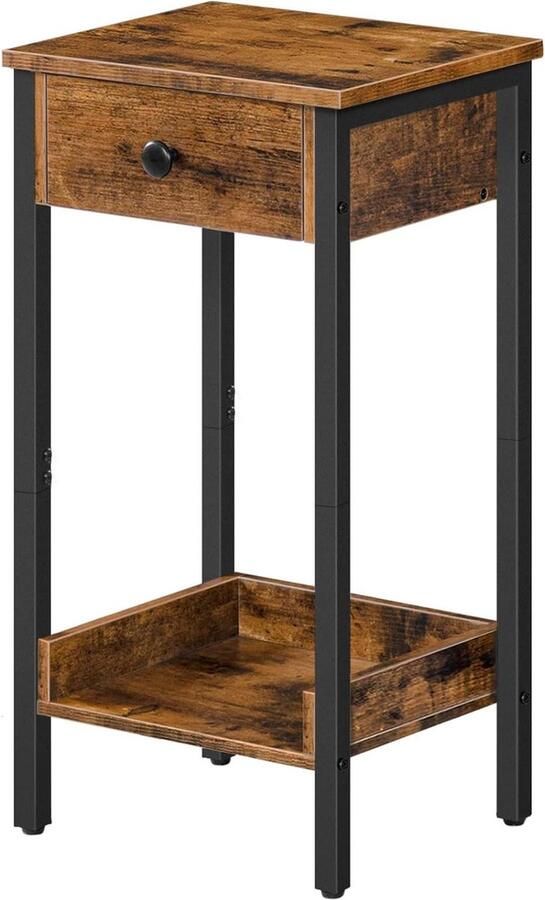 Hoge bijzettafel met lade en plank industrieel nachtkastje voor slaapkamer woonkamer ruimtebesparend 38 x 29 x 70 cm rustiek bruin en zwart Bijzettafel