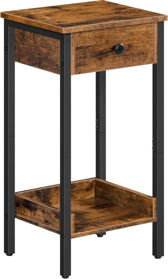 Hoge bijzettafel met lade en plank voor slaapkamer Industriële telefoontafel Ruimtebesparend 38 x 29 x 70 cm Rustiek bruin en zwart nachtkastje zwart 60 cm hoog