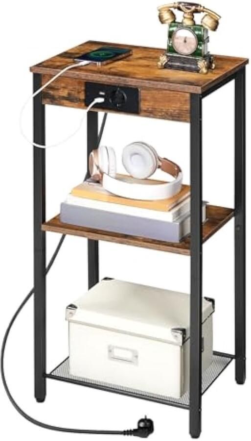 Hoge bijzettafel met oplaadstation 3 standen telefoontafel kleine entreetafel hoog nachtkastje voor woonkamer slaapkamer hal vintage bruin EBF 09 CDH 01