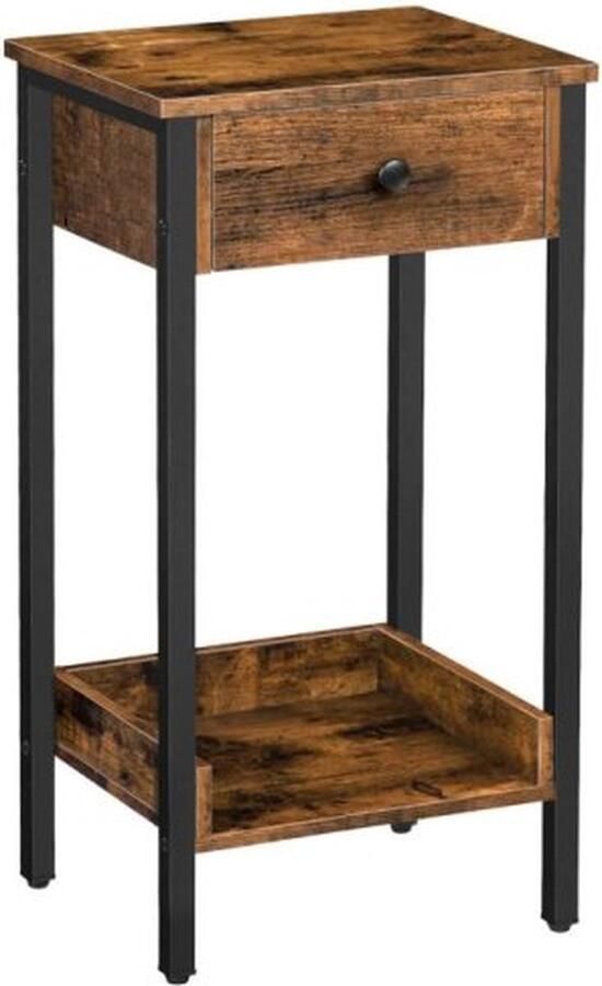 ZAZA Home Hoge bijzettafel nachtkastje eindtafel met lade en opslagplank industriële eindtelefoontafel voor studie slaapkamer ruimtebesparing rustiek bruin en zwart