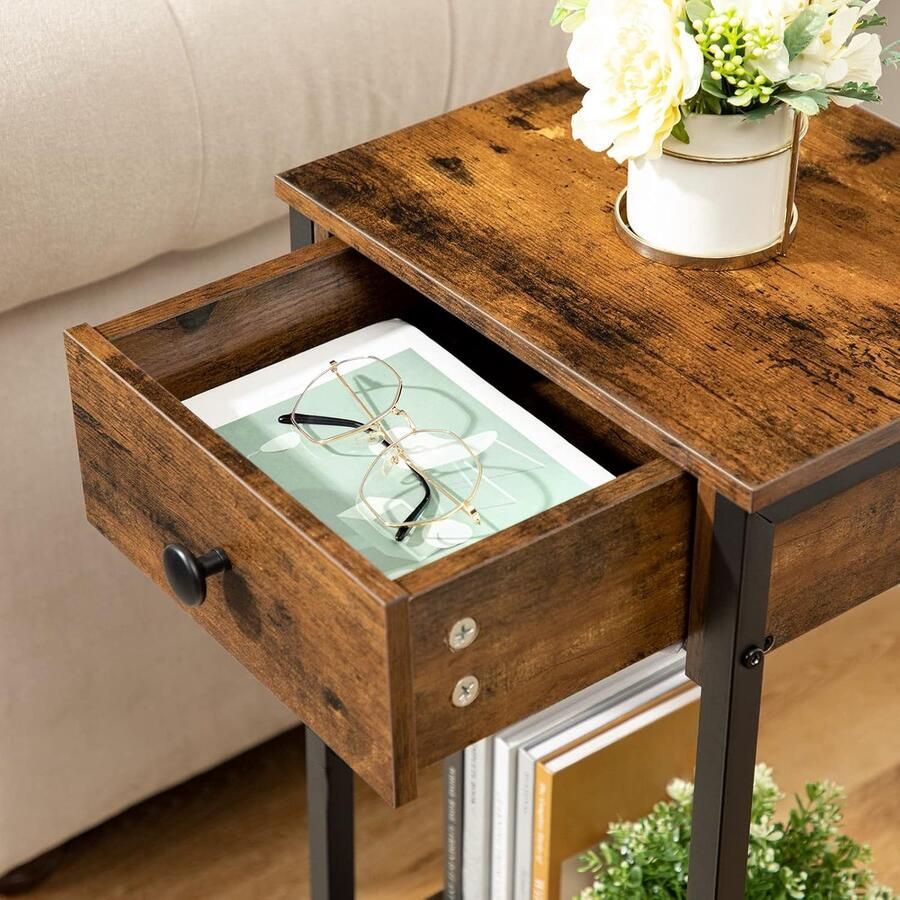 Hoge bijzettafel slank nachtkastje met lade en plank industriële telefoontafel nachtkastje voor slaapkamer woonkamer ruimtebesparend 38 x 29 x 70 cm rustiek bruin en zwart