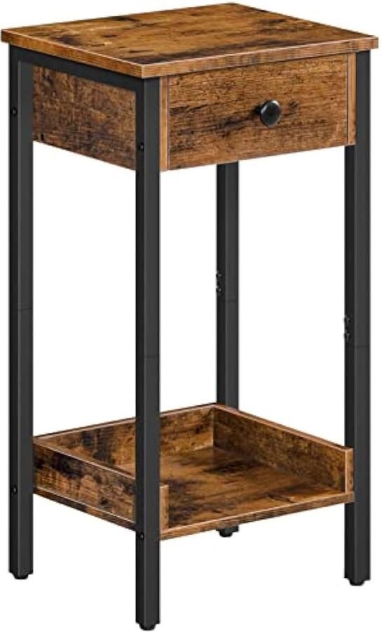 Hoge bijzettafel slank nachtkastje met lade en plank industriële telefoontafel nachtkastje voor slaapkamer woonkamer ruimtebesparend 38 x 29 x 70 cm rustiek bruin en zwart EBF 71 BZ 01