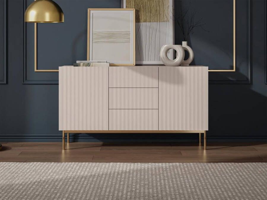 Vente-unique Hoge buffetkast met 2 deuren en 3 lades van mdf en staal Beige en goudkleurig EVILANA L 150 cm x H 84.1 cm x D 44.8 cm - Foto 3