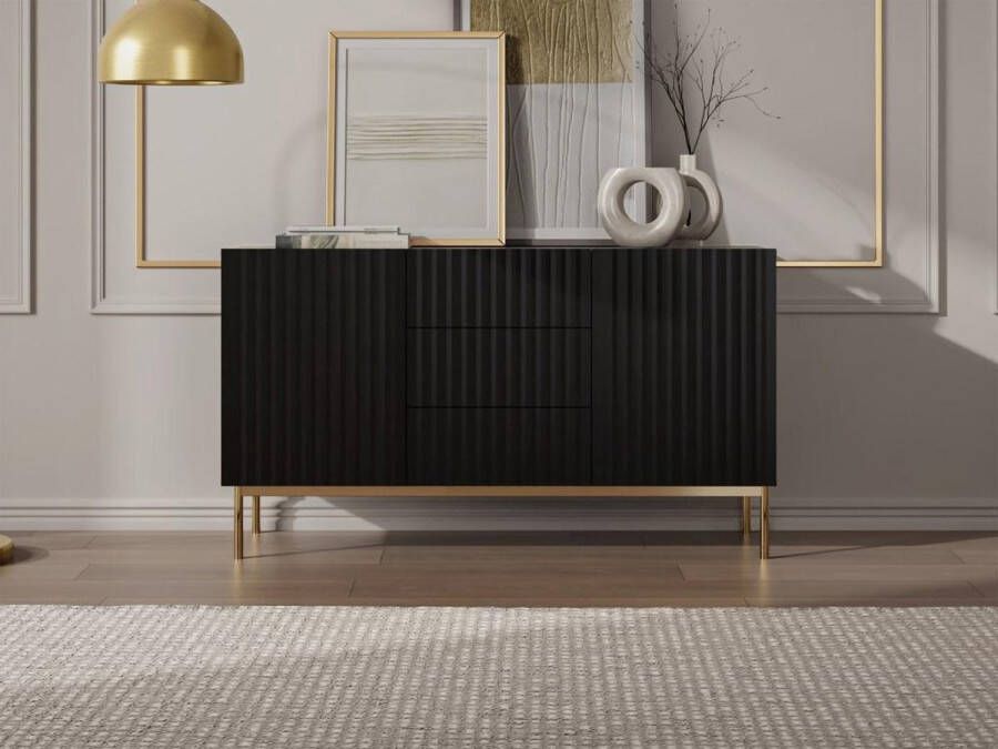 Vente-unique Hoge buffetkast met 2 deuren en 3 lades van mdf en staal Zwart en goudkleurig EVILANA L 150 cm x H 84.1 cm x D 44.8 cm - Foto 3