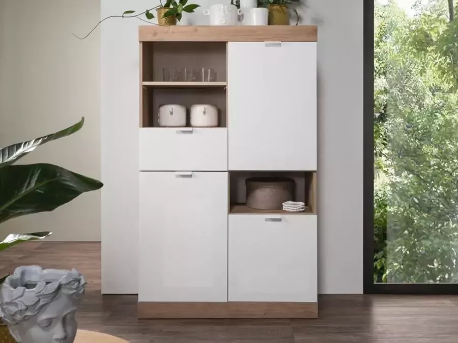 Vente-unique Hoge buffetkast met 3 deuren en 1 lade Houtlook en glanzend wit EVOLIA L 91 cm x H 148 cm x D 42 cm
