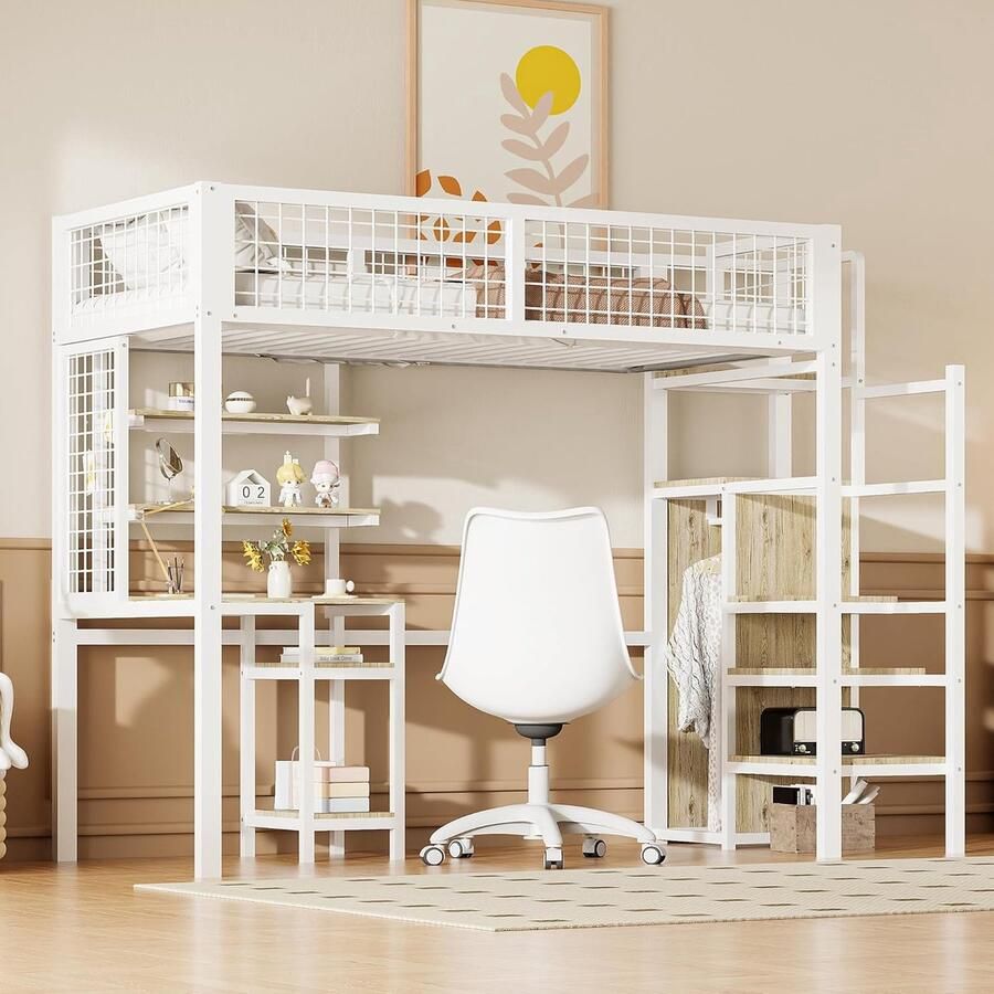 Hoge Hoogslaper 90x200 cm IJzeren Bed met Veiligheidsladder Kledingkast en Bureau Kinderbed voor Kleine Ruimtes