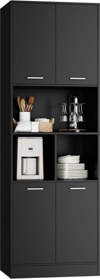 Hoge Kast met 4 Deuren en Planken – Zwart – Voor Badkamer Keuken of Studieruimte – Houten Boekenkast Opbergkast – 180 5 x 60 x 40 cm