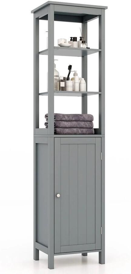 Hoge Kast met 5 Niveaus – Smalle Vrijstaande Badkamerkast met Verstelbare Planken & Deuren – Opbergkast voor Woonkamer of Badkamer – 40 x 32 x 160 cm – Grijs