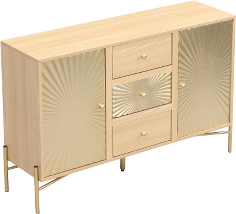Zonder merk Gotagee Hoge kast Sideboard 2-deurs kast met 3 laden en zonnestralen design Zijkast Eetkamerkast 123 5 cm Naturel