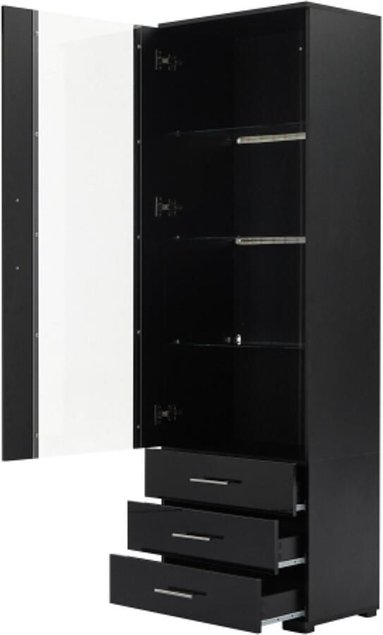 Hoge kast Vitrinekast met LED-verlichting – Staande glazen vitrinekast met 3 lades-Zwart hoogglans