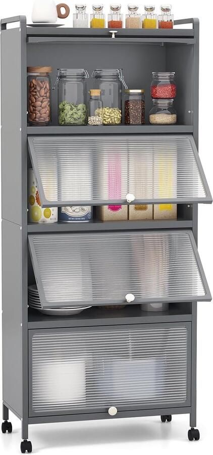 Hoge keukenkast keukenplank met wielen 5 lagen magnetronstandaard met scharnierende PC-deuren en kantelbeveiliging staande plank hoge kast voor keuken eetkamer woonkamer (grijs)