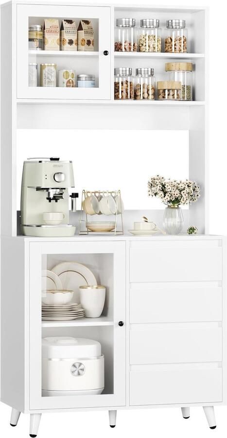 Hoge Keukenkast met Werkblad en Glazen Deuren Vitrinekast en Buffetkast 180 cm Wit