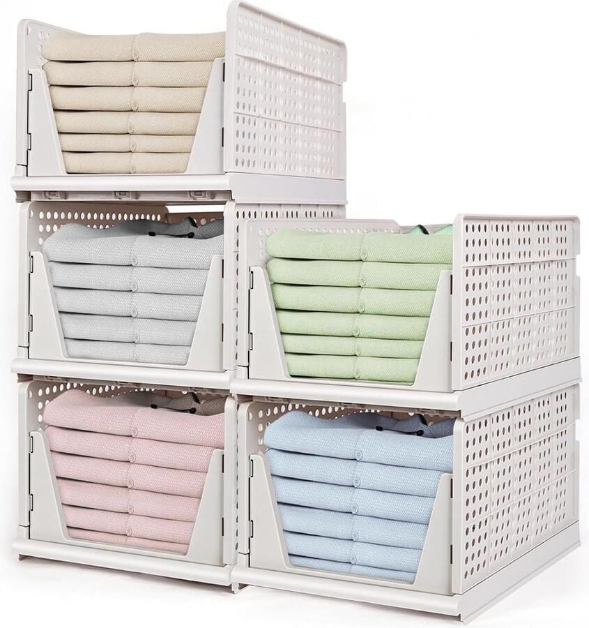 Hoge ladeboxen Set van 5 Wit Stapelbaar Kledingkast organizer Opvouwbaar Rek Opbergdoos Laden Plastic Opbergkisten 42 x 33 x 25 cm
