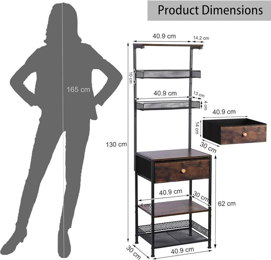 Hoge nachtkastje met stoffen laden rustiek bruin spaanplaat en metaal