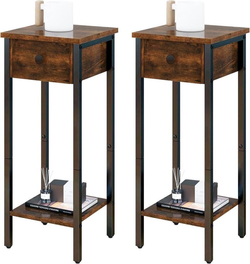 Hoge Nachtkastje Set van 2 Smalle Houten Nachtkastje met Lade Plank Bruin