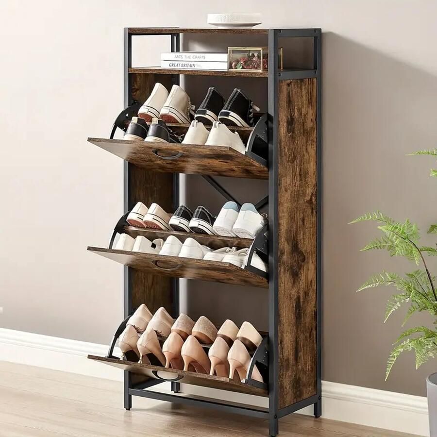 Hoge Schoenenkast met 3 Opklapbare Deuren – Ruimtebesparende Schoenenopbergkast voor 12-18 Paar – 60x30x130 cm – Voor Hal & Woonkamer