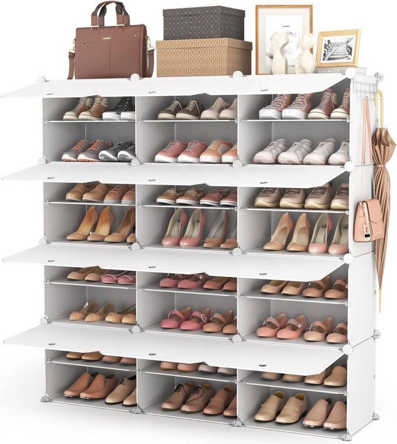 Hoge schoenenrek organizer schoenenkast 8 niveaus 48 paar smalle draagbare schoenenrek organizer voor kleine ruimtes voor slaapkamerkast met 2 haken wit 3 x 8 cm