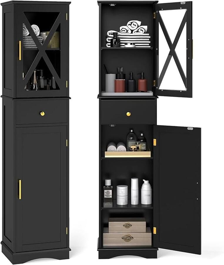 Hoge smalle badkamerkast met 2 deuren en lade – 3 verstelbare planken Opbergkast voor keuken woonkamer en slaapkamer (zwart)