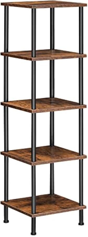 Hoge smalle boekenkast met open rek voor de woonkamer 5-laags boekenplank staand opbergrek plantenstandaard metalen frame voor de woonkamer thuiskantoor rustiek bruin en zwart EBF 50 CJ 01