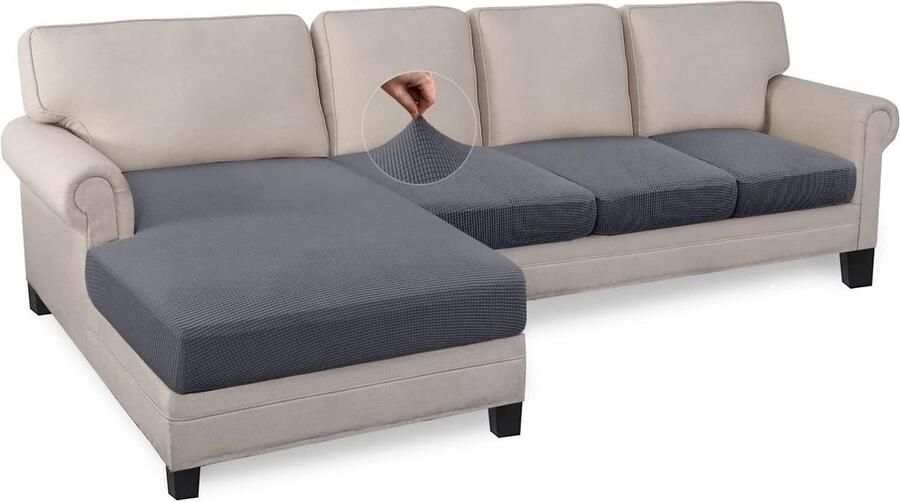 4 stuks high stretch sectionele bank zitkussen vergoed chaise lounge-vergoeding L-vorm elastisch spandex bankhoes voor niet glijden meubelbescherming (3-zits + chaise grijs)