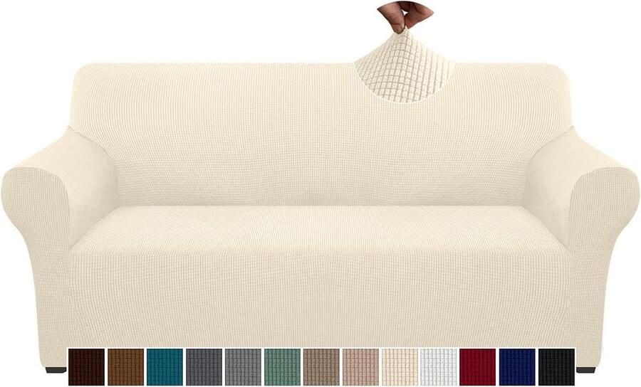 Hoge stretch bankhoes voor 3-zitsbank wasbaar antislip voor honden en huisdieren beige